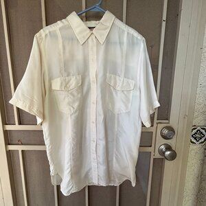 Studio Silk ivory, short sleeve blouse, 100% silk, draped and elegant